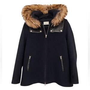 Sandro fur trimmed wool jacket Leather detailing dark Navy blue with hood IT40